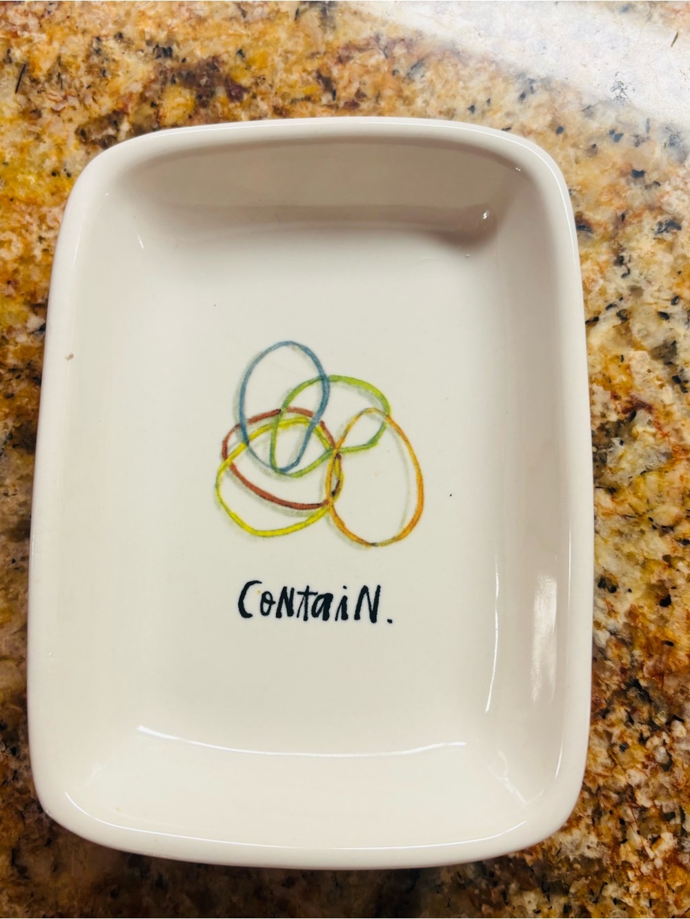Rae Dunn White Ceramic Dish with Multicolor Ring Accent 4” x 5”